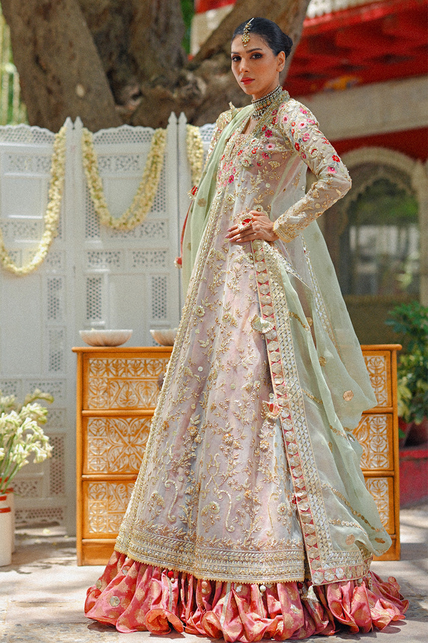 Pakistani Salmon Pink Zardozi Tulle Pishwas Dress (3-Piece) - Image 9