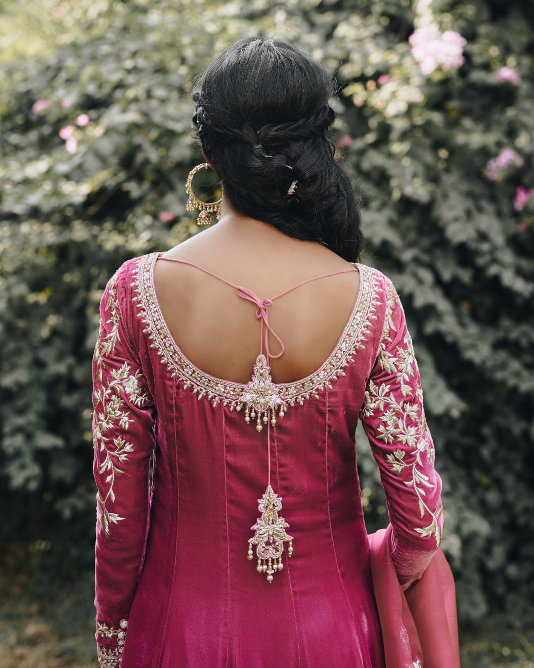 Pakistani Deep Pink Embroidered Velvet Pishwas (3-Piece) - Image 5