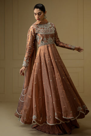 Coral Zari Net Embroidered Pishwas Dress (3-Piece) - Image 3