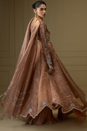 Coral Zari Net Embroidered Pishwas Dress (3-Piece) - Image 5