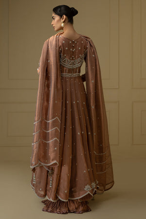 Coral Zari Net Embroidered Pishwas Dress (3-Piece) - Image 7