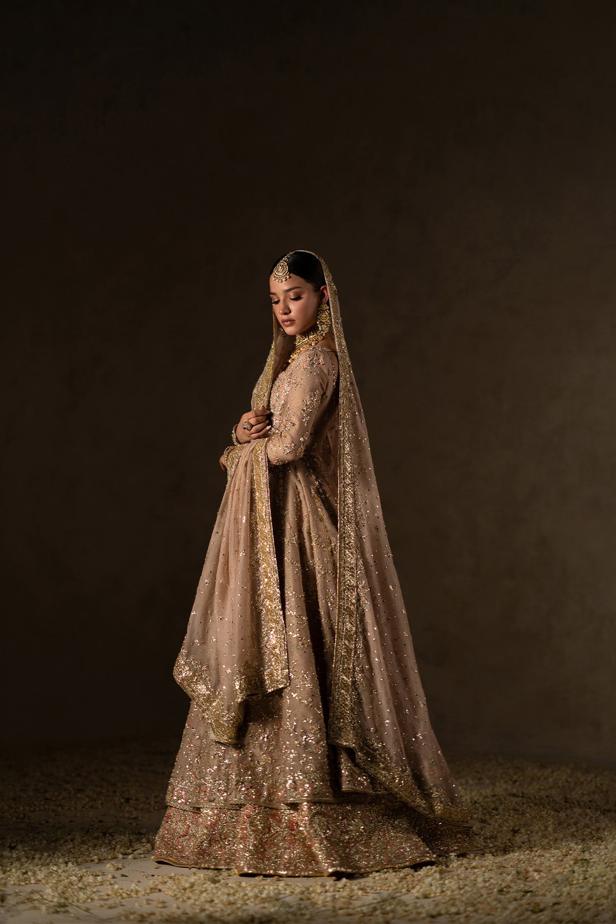 Pakistani Fawn Pink Zardozi Zari Net Pishwas (3-Piece) - Image 3