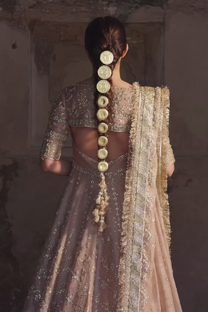 Pakistani Dusty Pink Zardozi Zari Net Pishwas Dress (4-Piece) - Image 7