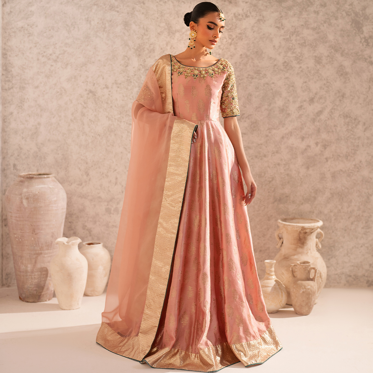 Pakistani Blush Pink Hand-Embellished Zari Tissue Silk Pishwas (2-Piece) - Image 1