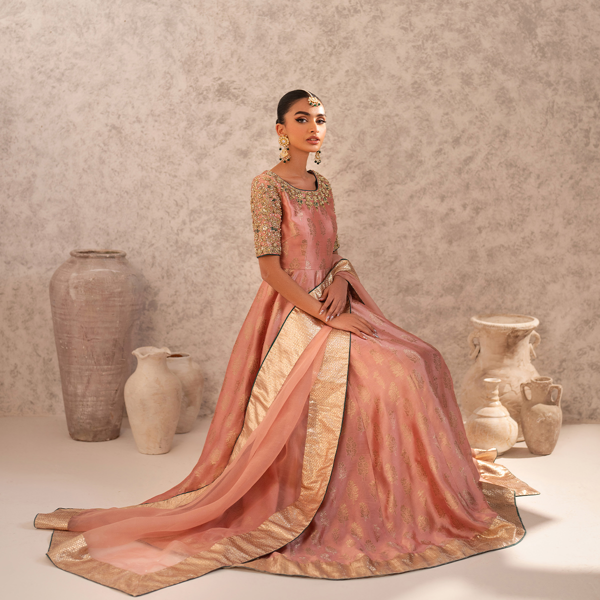 Pakistani Blush Pink Hand-Embellished Zari Tissue Silk Pishwas (2-Piece) - Image 3
