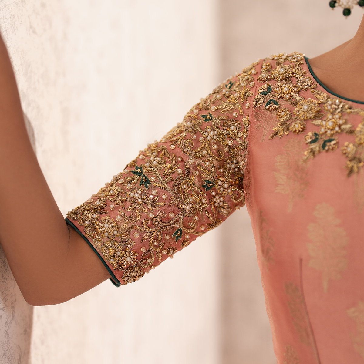 Pakistani Blush Pink Hand-Embellished Zari Tissue Silk Pishwas (2-Piece) - Image 4