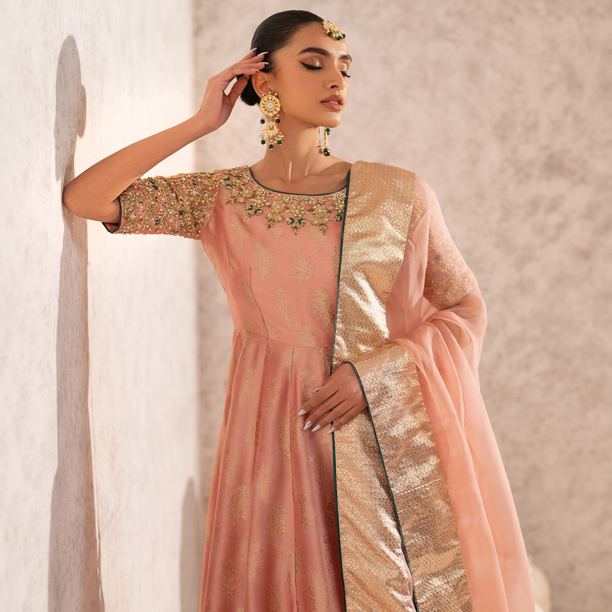Pakistani Blush Pink Hand-Embellished Zari Tissue Silk Pishwas (2-Piece) - Image 5