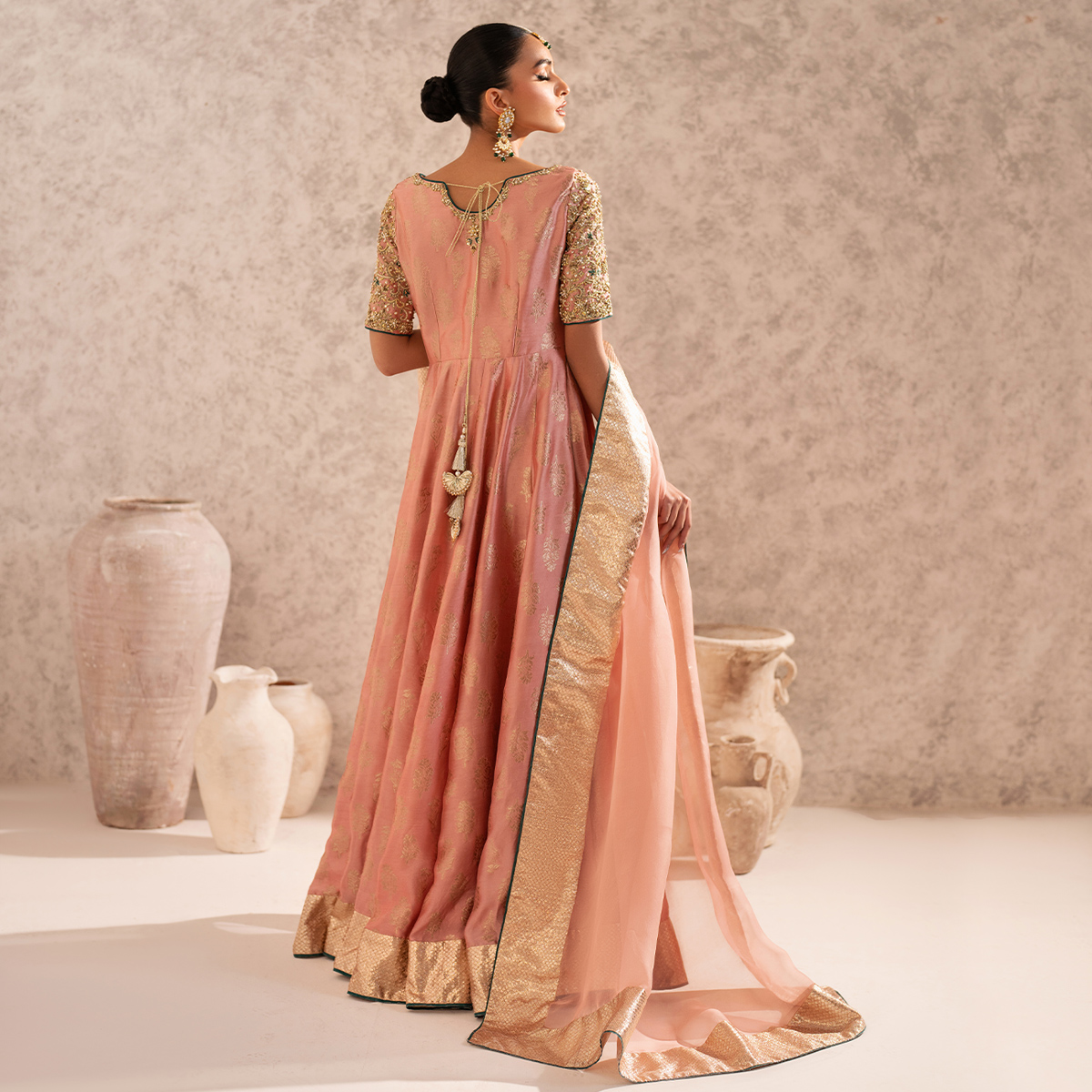 Pakistani Blush Pink Hand-Embellished Zari Tissue Silk Pishwas (2-Piece) - Image 8