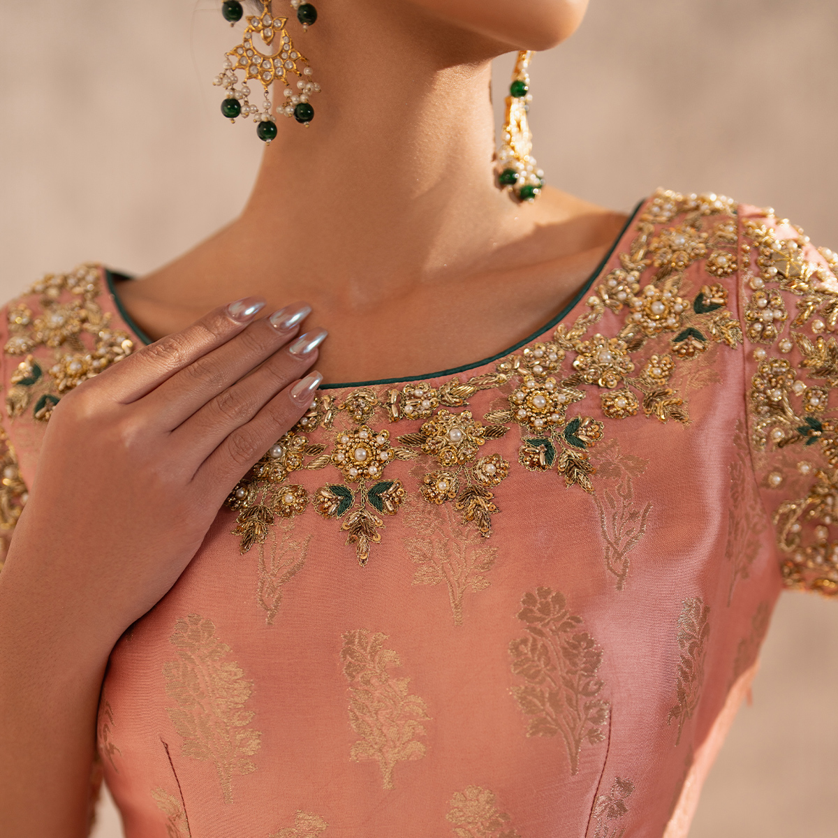 Pakistani Blush Pink Hand-Embellished Zari Tissue Silk Pishwas (2-Piece) - Image 9