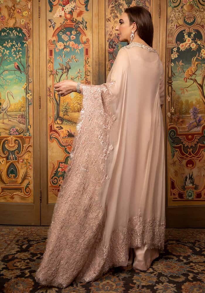 Blush Pink Embellished Chiffon Poncho with Raw Silk Palazzo (2-Piece) - Image 4