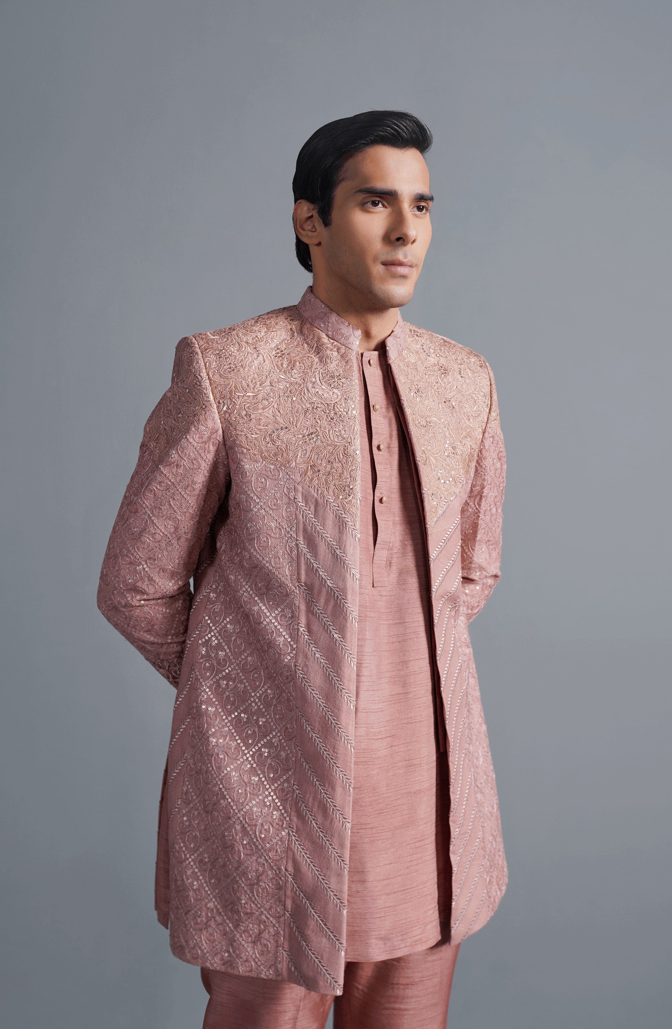Coral Pink Embroidered Cotton Net Prince Coat (3-Piece) - Image 1