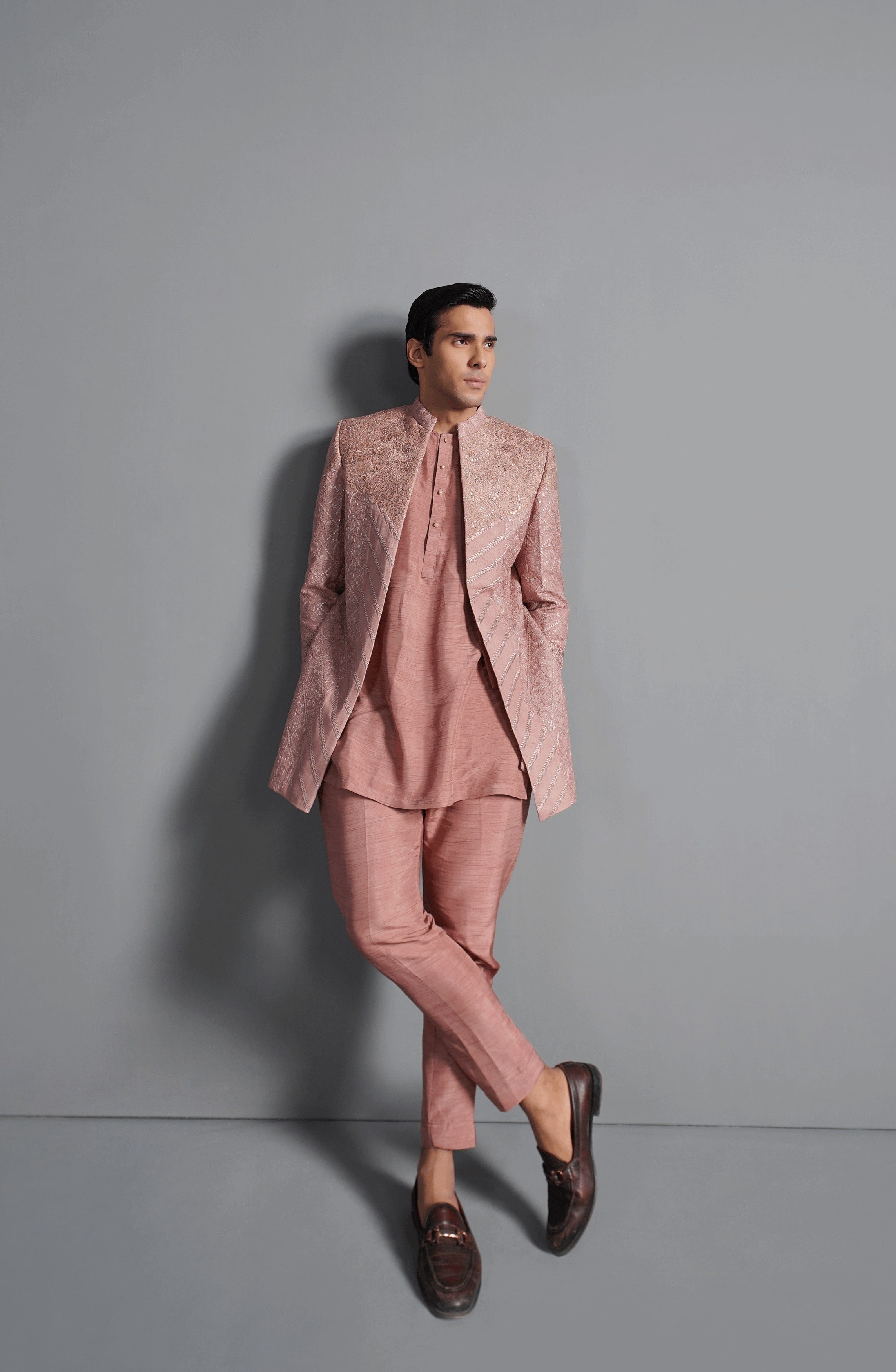 Coral Pink Embroidered Cotton Net Prince Coat (3-Piece) - Image 6