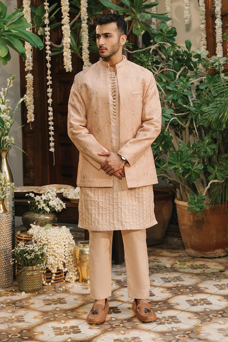 Nude Pink Embroidered Cotton Silk Prince Coat (3-Piece) - Image 1