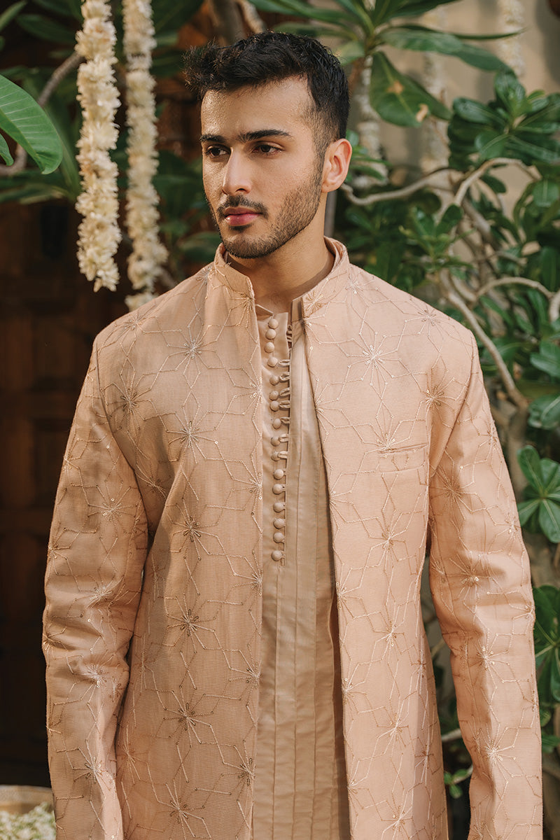 Nude Pink Embroidered Cotton Silk Prince Coat (3-Piece) - Image 2