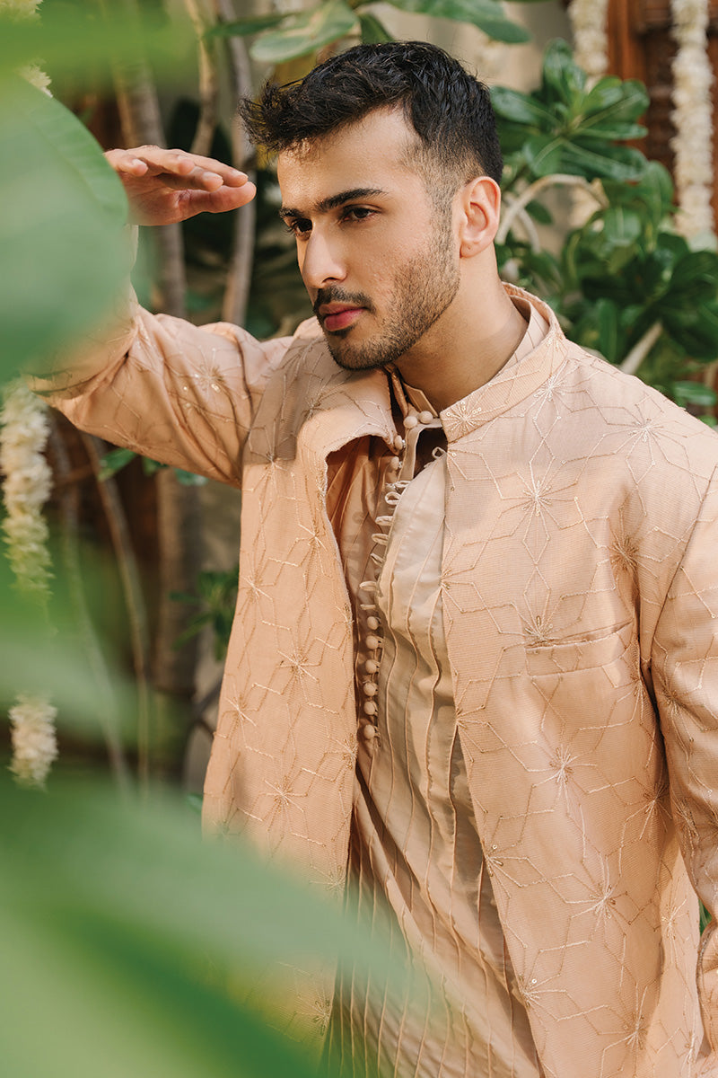 Nude Pink Embroidered Cotton Silk Prince Coat (3-Piece) - Image 4