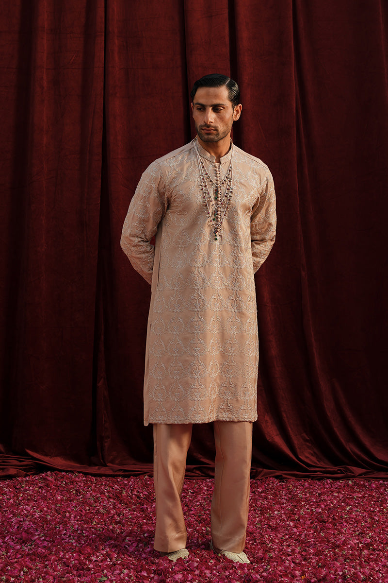 Champagne Pink Embroidered Cotton Silk Prince Coat (3-Piece) - Image 1