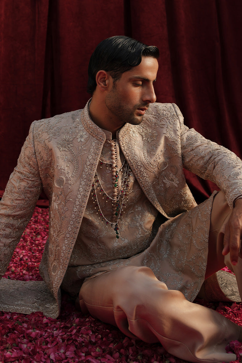 Champagne Pink Embroidered Cotton Silk Prince Coat (3-Piece) - Image 2