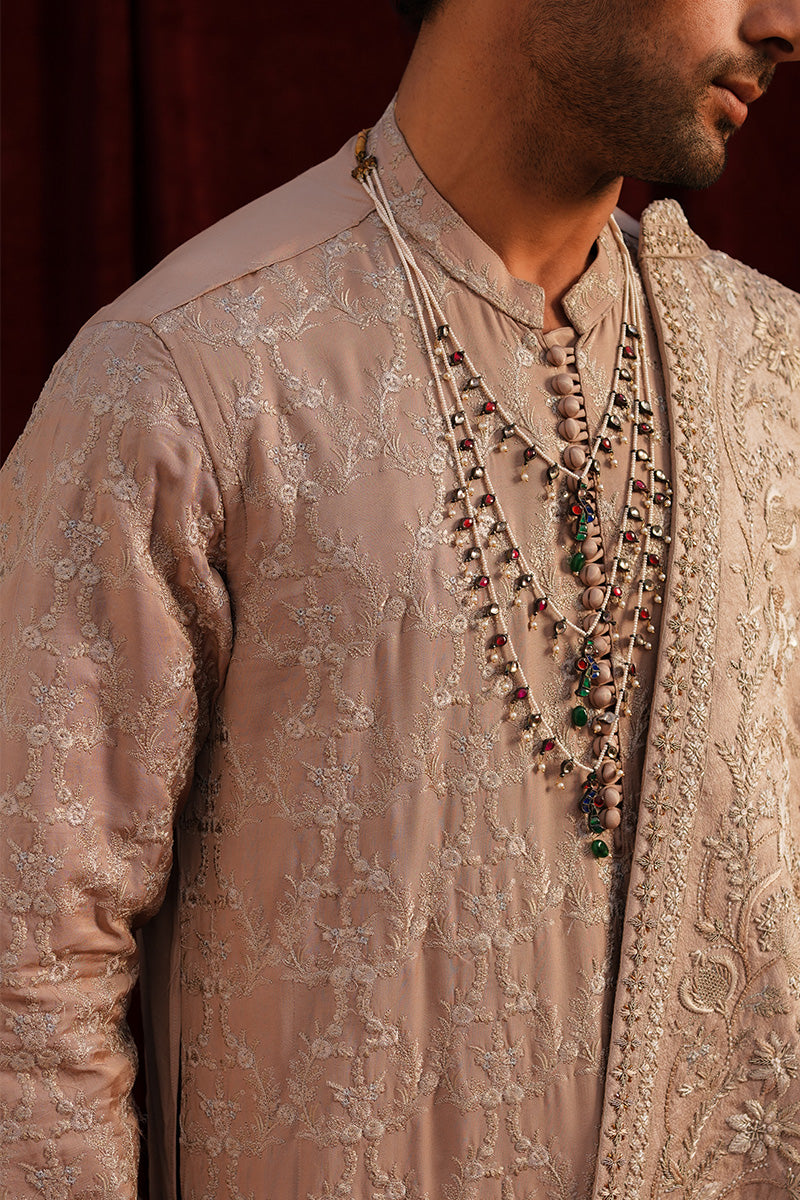 Champagne Pink Embroidered Cotton Silk Prince Coat (3-Piece) - Image 3