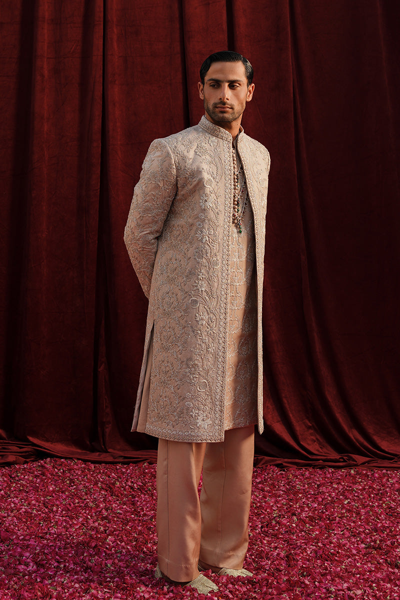 Champagne Pink Embroidered Cotton Silk Prince Coat (3-Piece) - Image 4