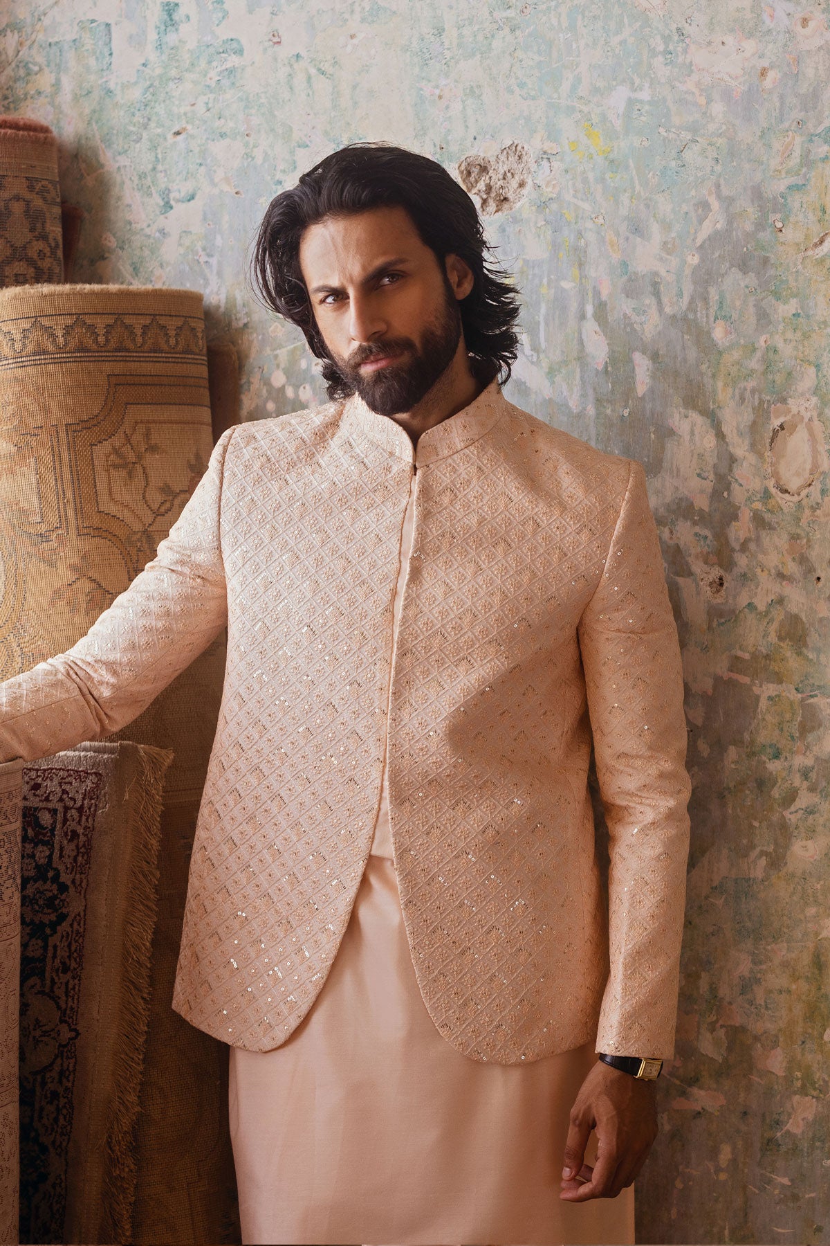 Peach Embroidered Prince Coat with Kurta Pajama (3-Piece) - Image 1