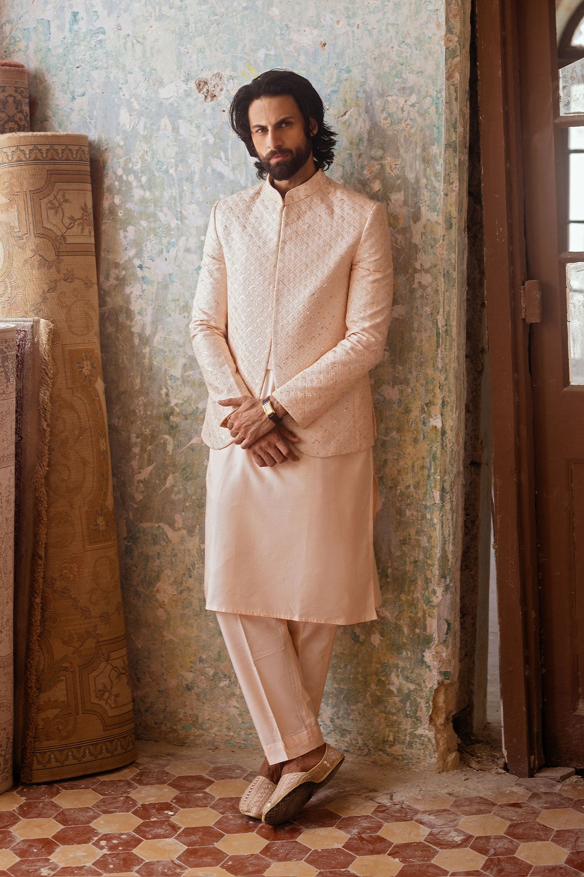 Peach Embroidered Prince Coat with Kurta Pajama (3-Piece) - Image 2