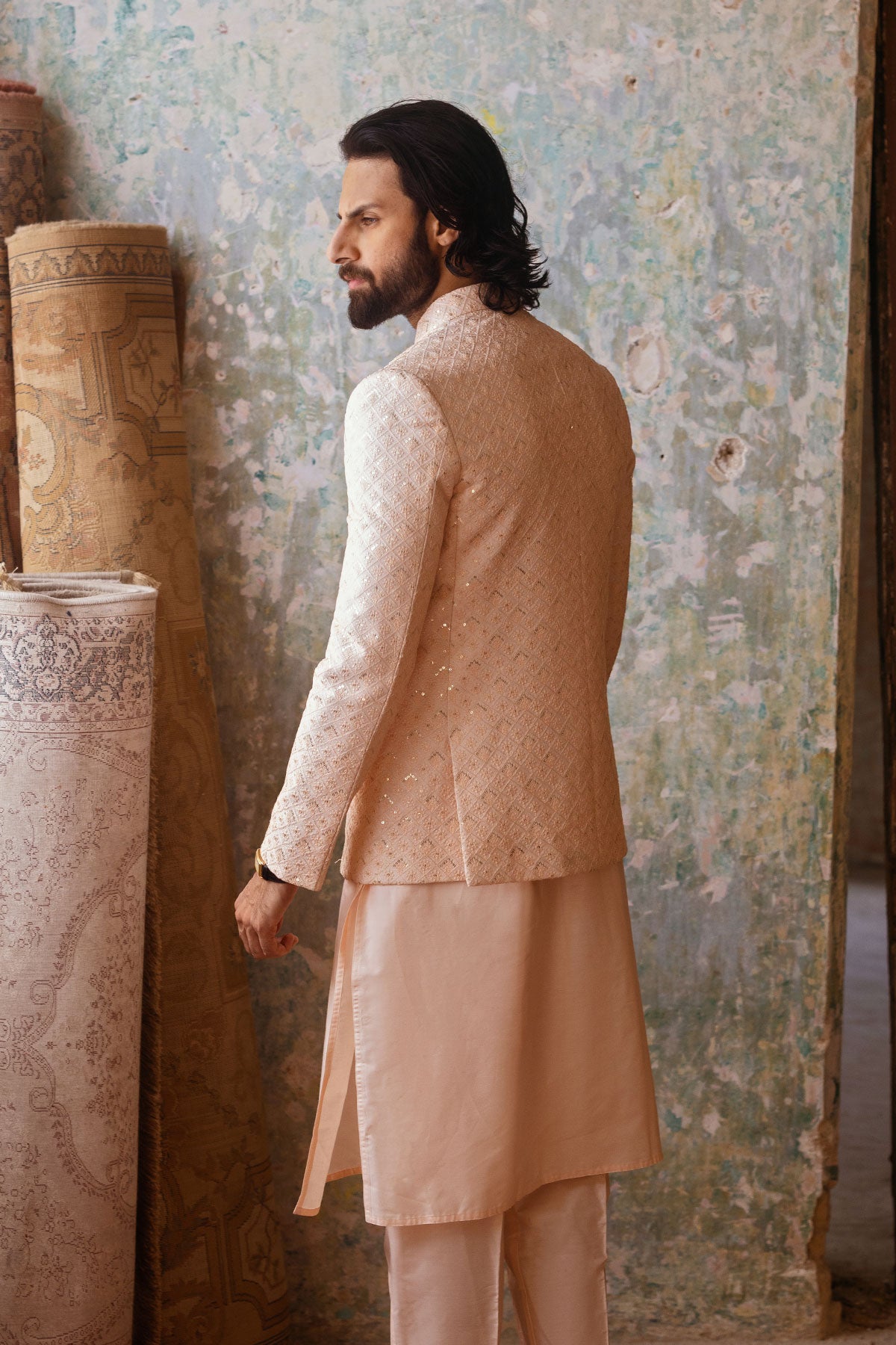 Peach Embroidered Prince Coat with Kurta Pajama (3-Piece) - Image 3