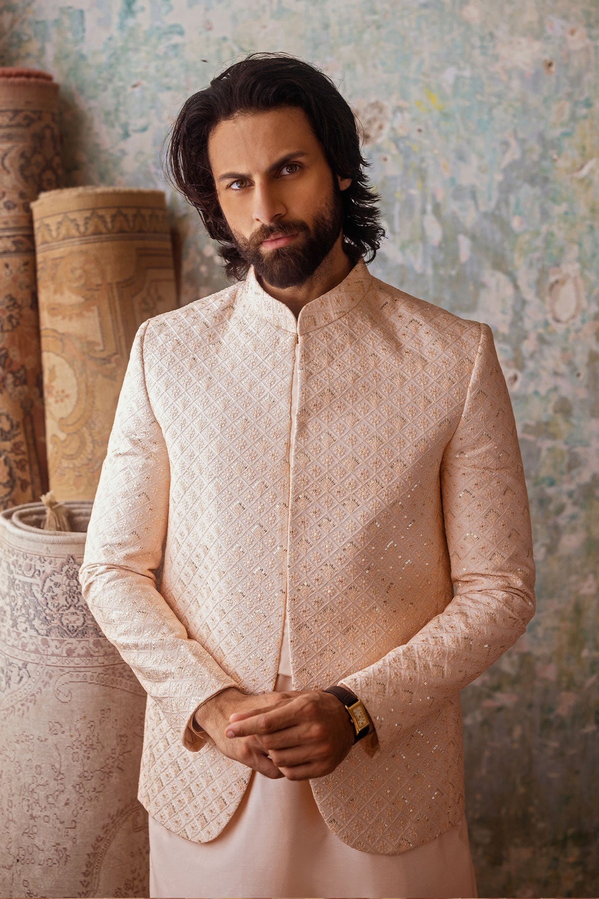 Peach Embroidered Prince Coat with Kurta Pajama (3-Piece) - Image 4