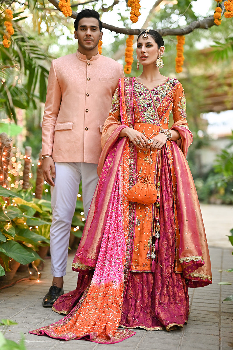 Pastel Pink Jamawar Prince Coat (2-Piece) - Image 1