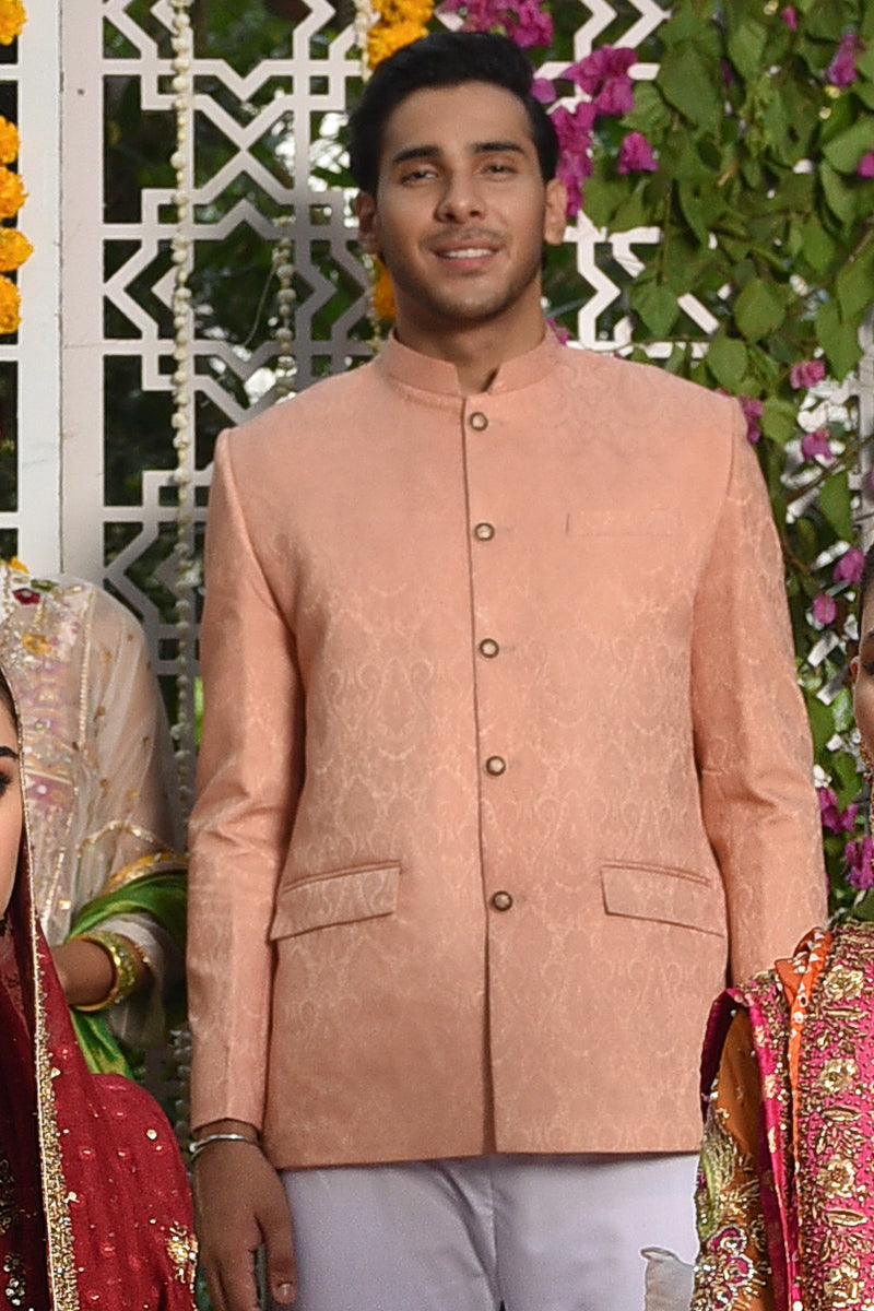 Pastel Pink Jamawar Prince Coat (2-Piece) - Image 2