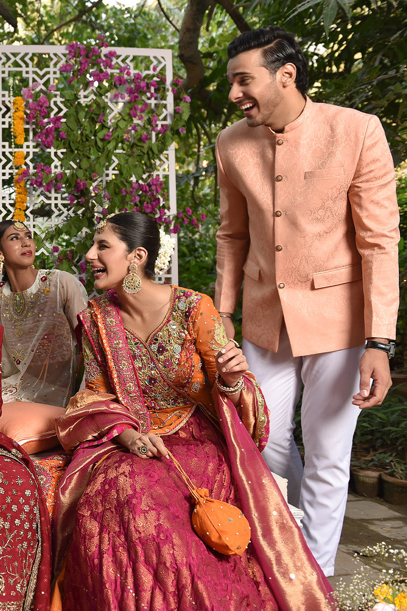 Pastel Pink Jamawar Prince Coat (2-Piece) - Image 3