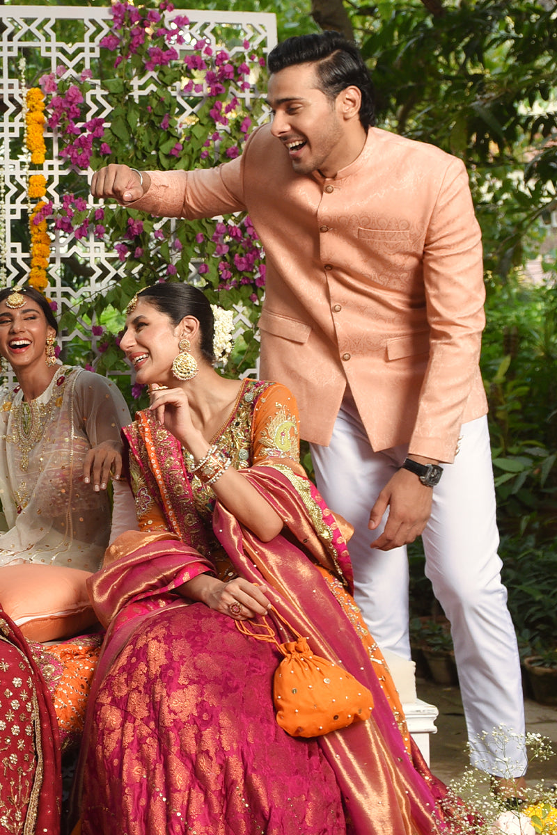 Pastel Pink Jamawar Prince Coat (2-Piece) - Image 4