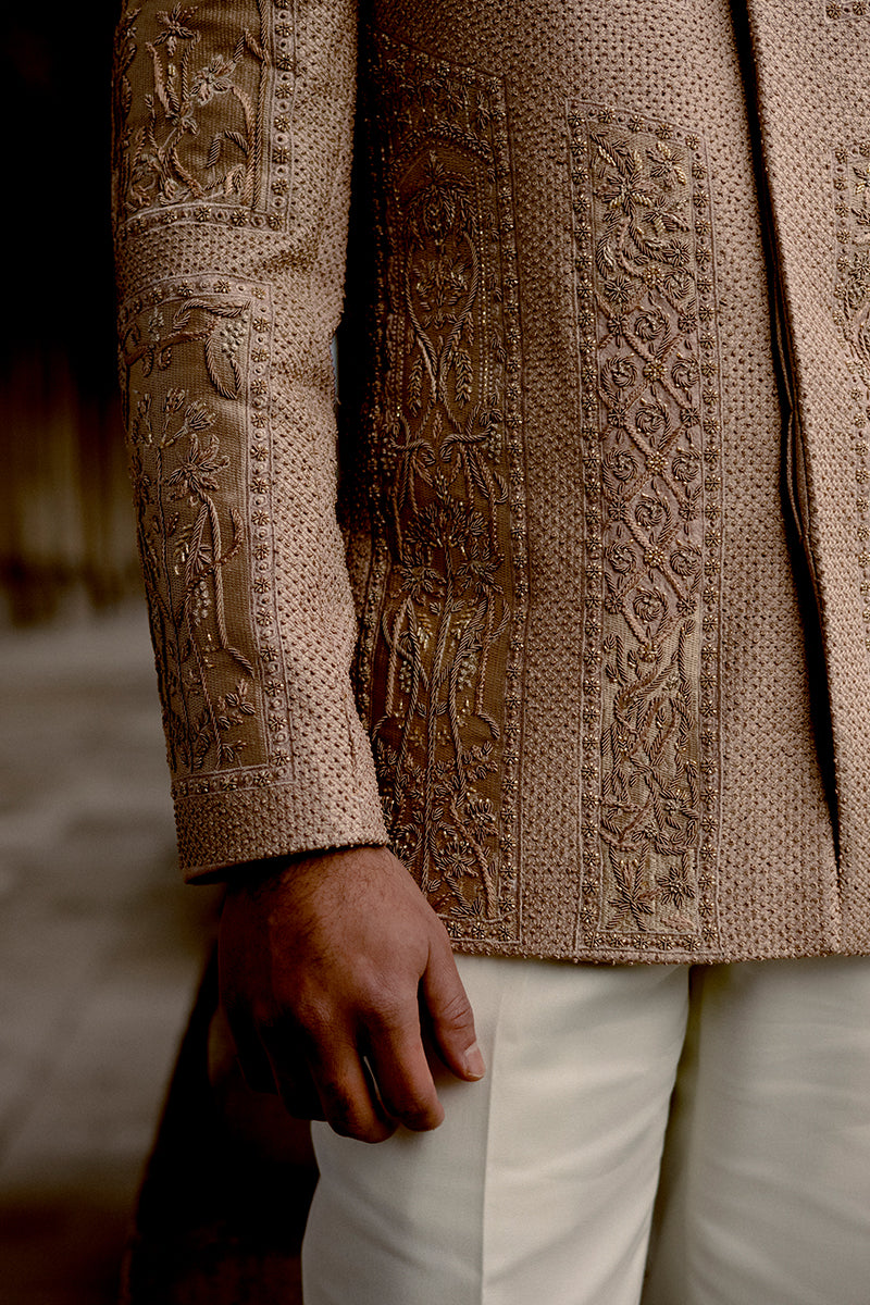 Salmon Pink Embroidered Jamawar Prince Coat (2-Piece) - Image 3