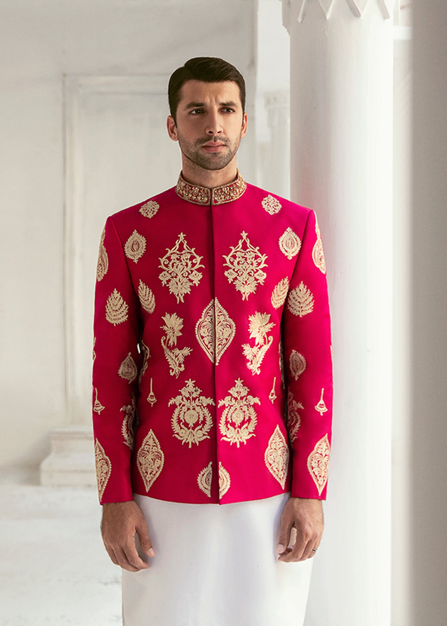 Deep Pink Embroidered Raw Silk Prince Coat (3-Piece) - Image 3