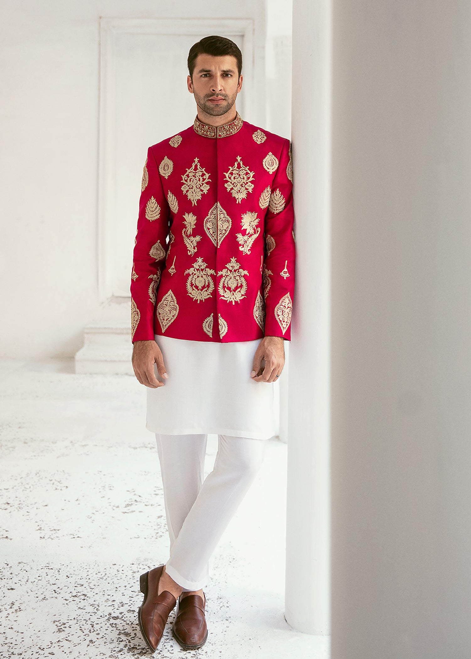 Deep Pink Embroidered Raw Silk Prince Coat (3-Piece) - Image 1