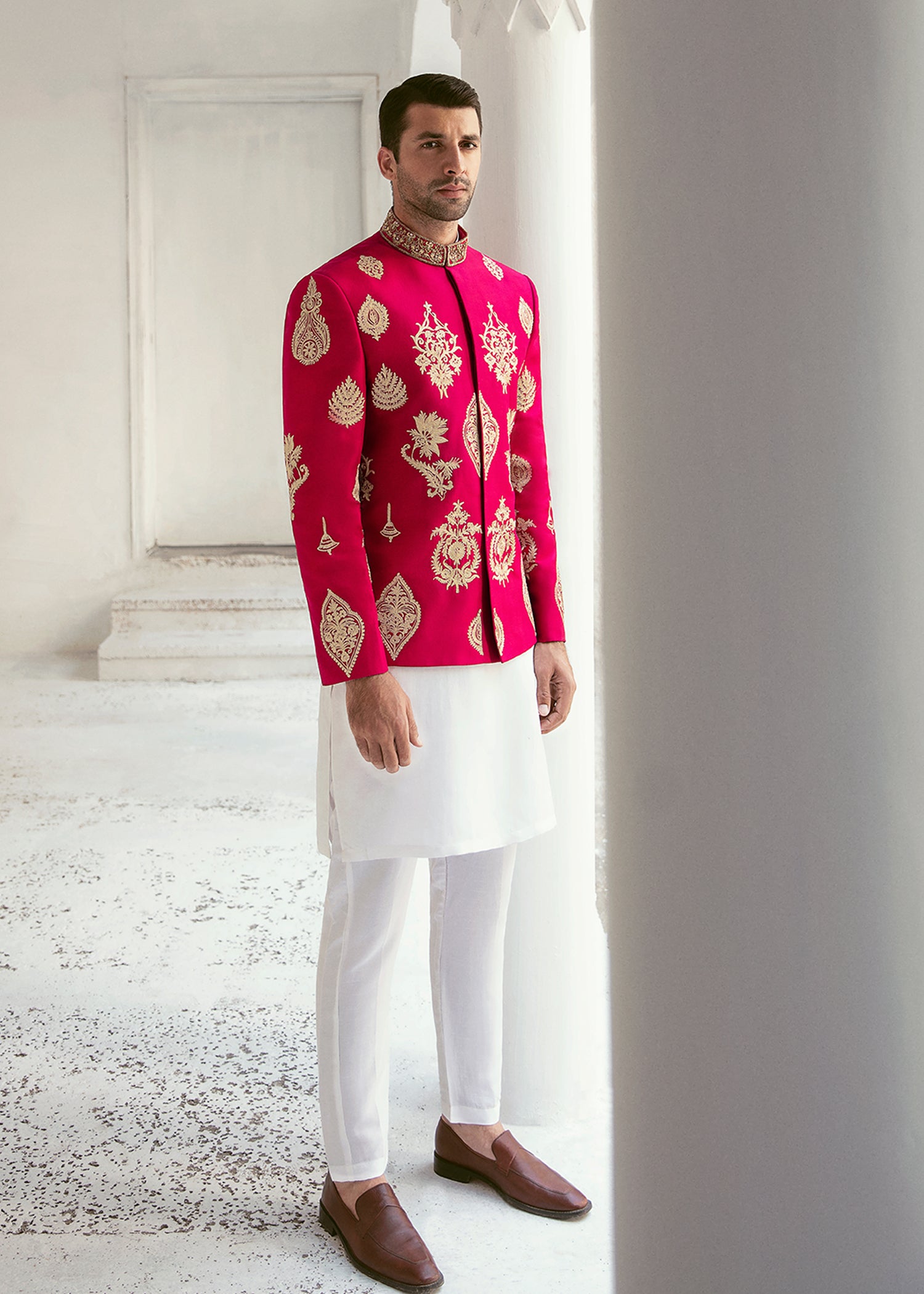 Deep Pink Embroidered Raw Silk Prince Coat (3-Piece) - Image 2