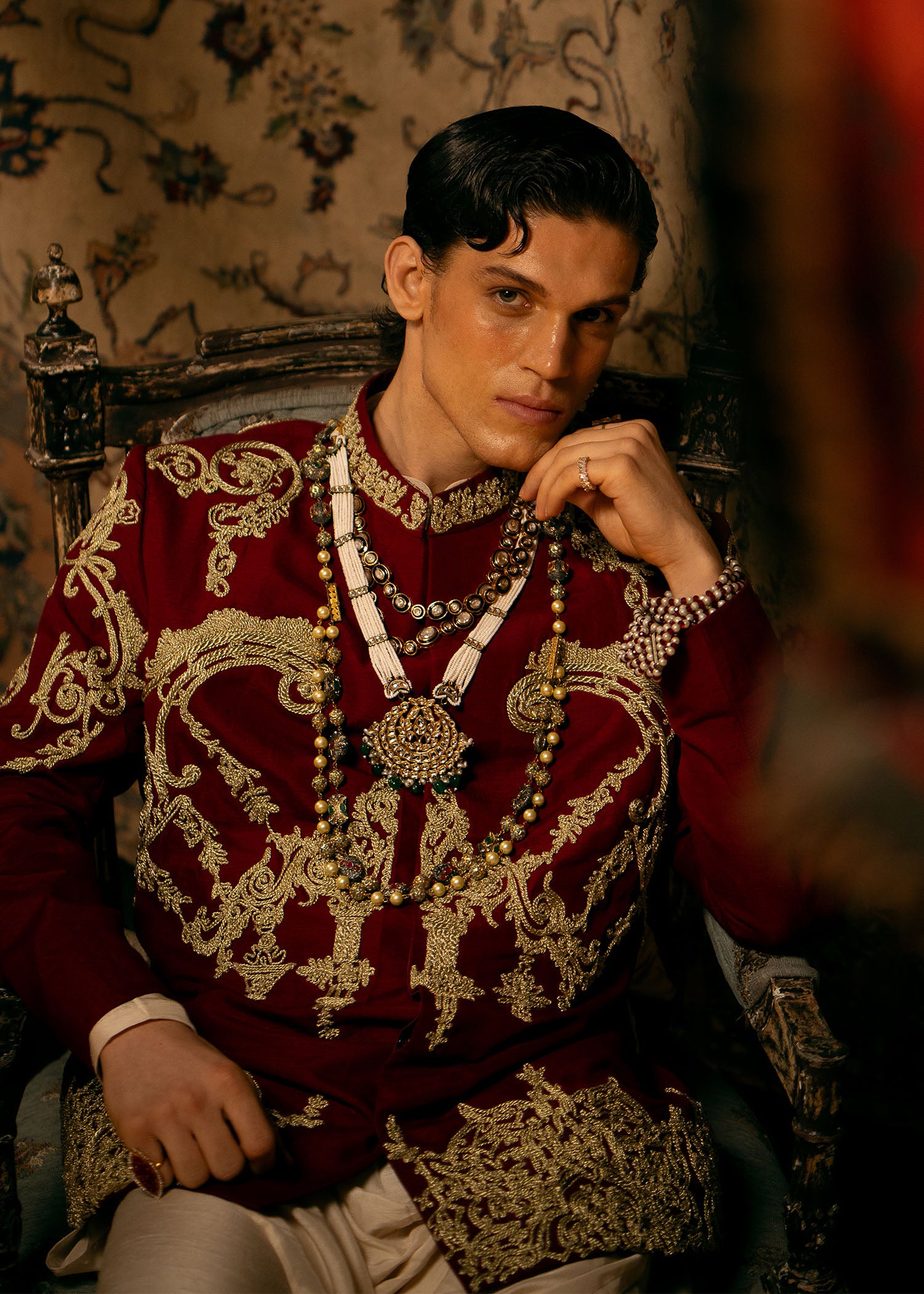 Deep Pink Embroidered Raw Silk Prince Coat (3-Piece) - Image 2