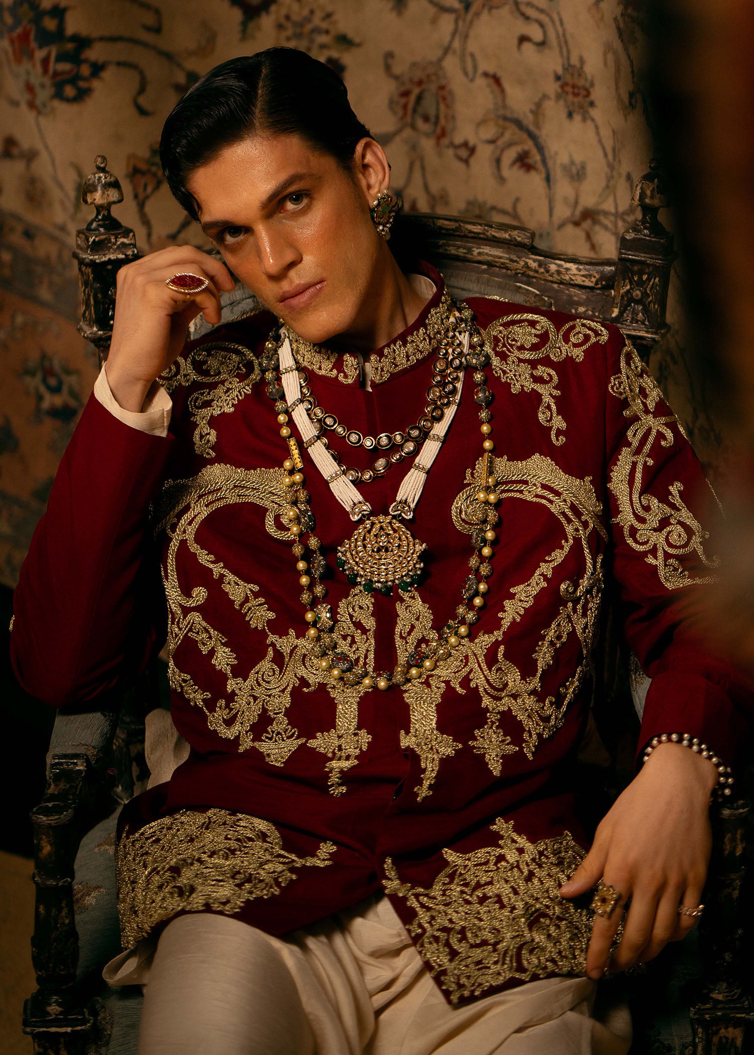 Deep Pink Embroidered Raw Silk Prince Coat (3-Piece) - Image 3