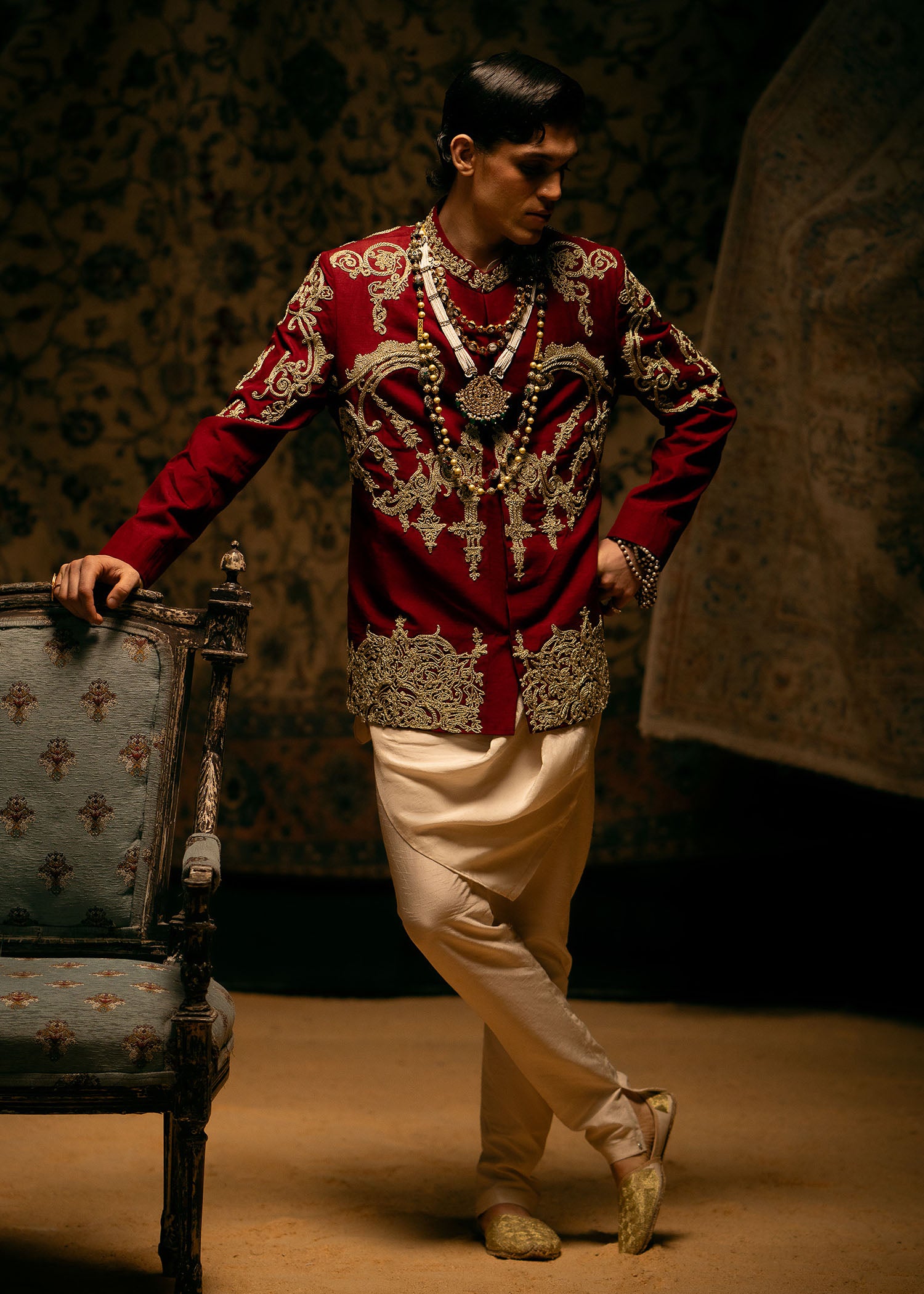 Deep Pink Embroidered Raw Silk Prince Coat (3-Piece) - Image 4