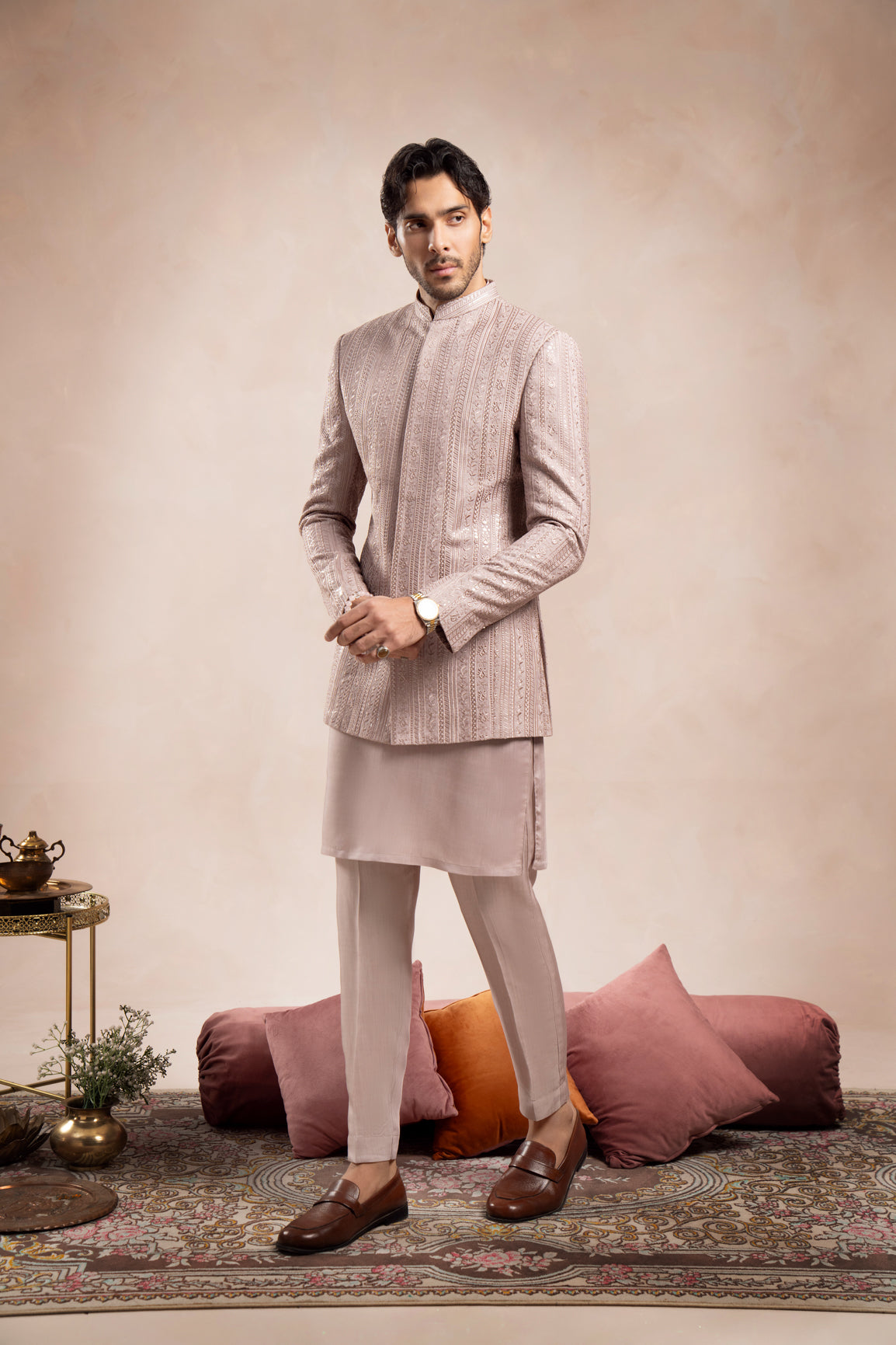 Nude Pink Embroidered Raw Silk Prince Coat (3-Piece) - Image 3