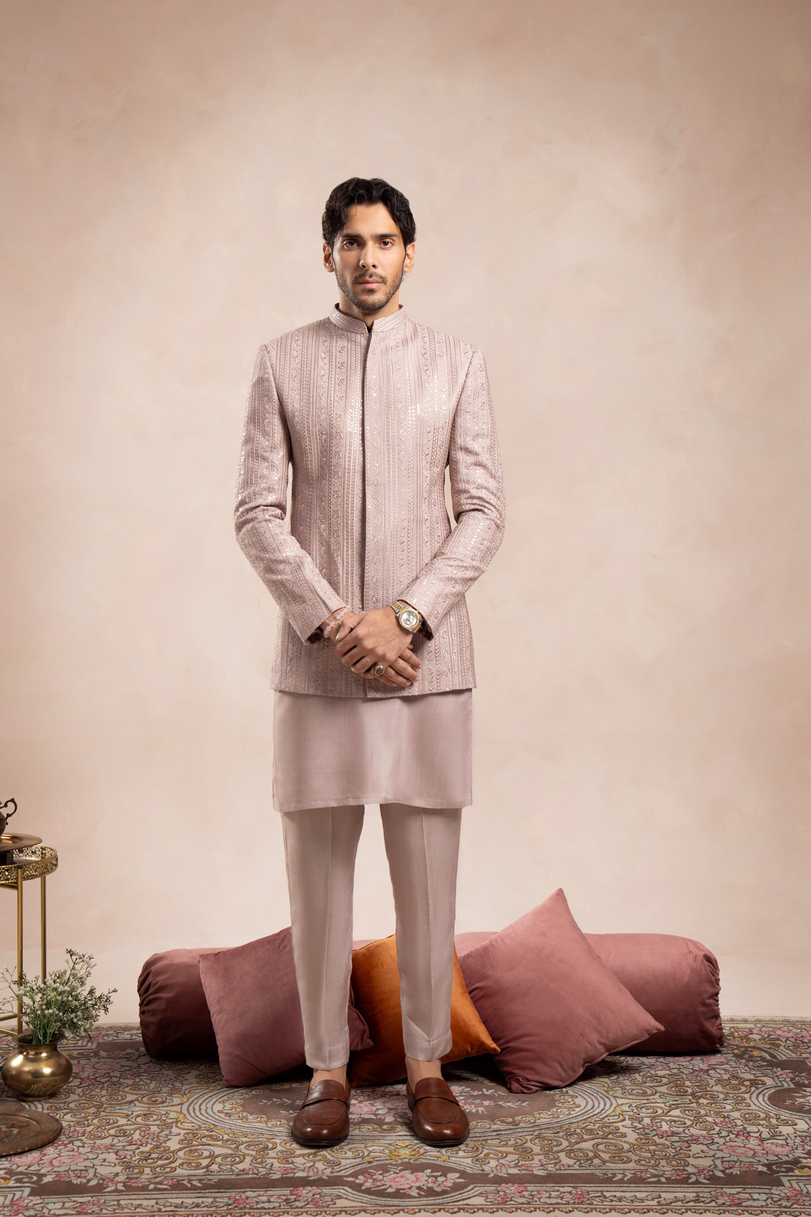 Soft Pink Embroidered Raw Silk Prince Coat (3-Piece) - Image 1