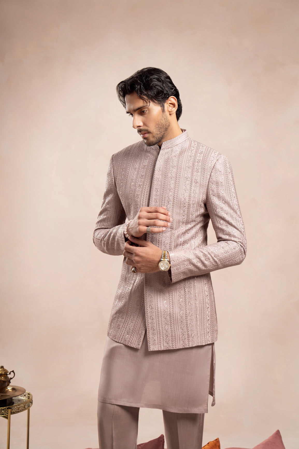 Soft Pink Embroidered Raw Silk Prince Coat (3-Piece) - Image 4