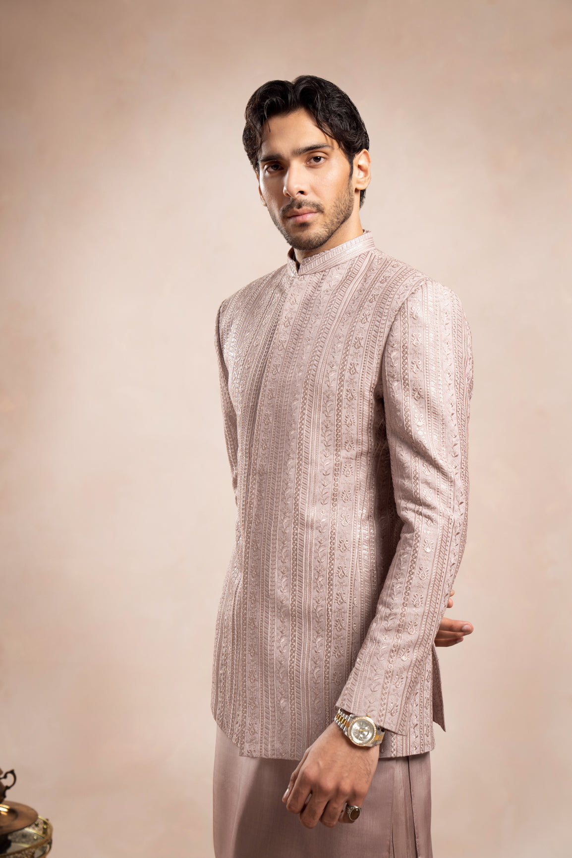 Soft Pink Embroidered Raw Silk Prince Coat (3-Piece) - Image 5