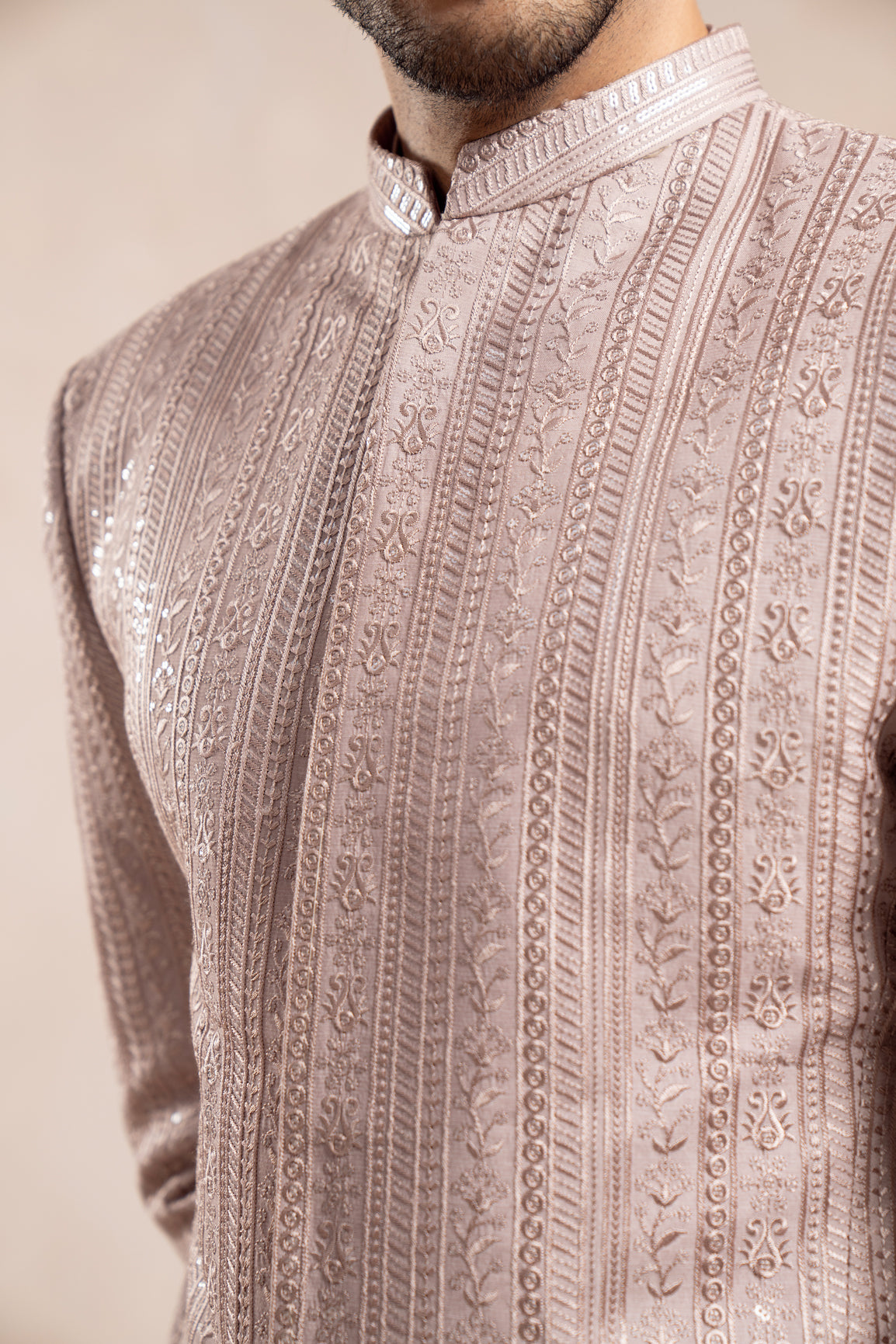 Soft Pink Embroidered Raw Silk Prince Coat (3-Piece) - Image 6