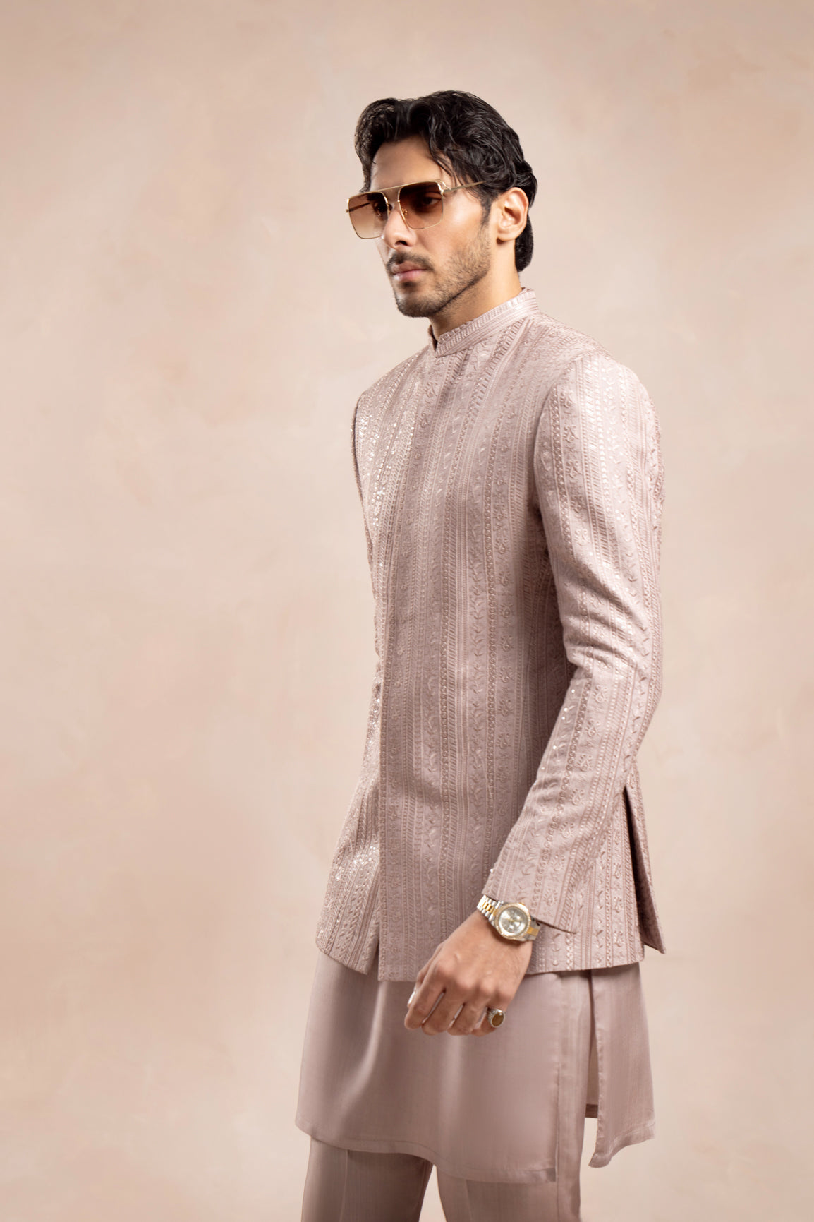 Soft Pink Embroidered Raw Silk Prince Coat (3-Piece) - Image 7