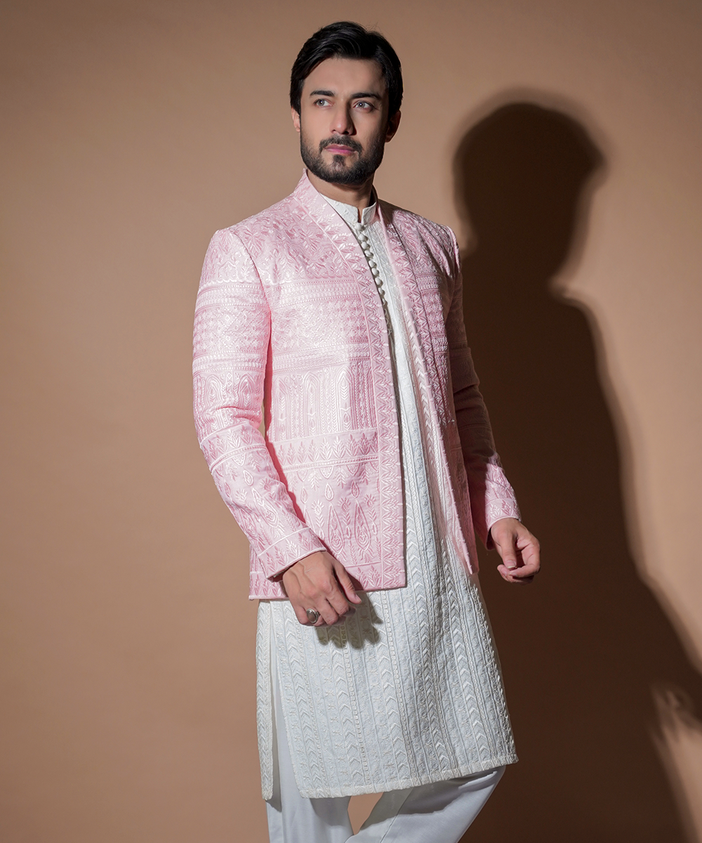 Blush Pink Resham Embroidered Raw Silk Prince Coat (3-Piece) - Image 1