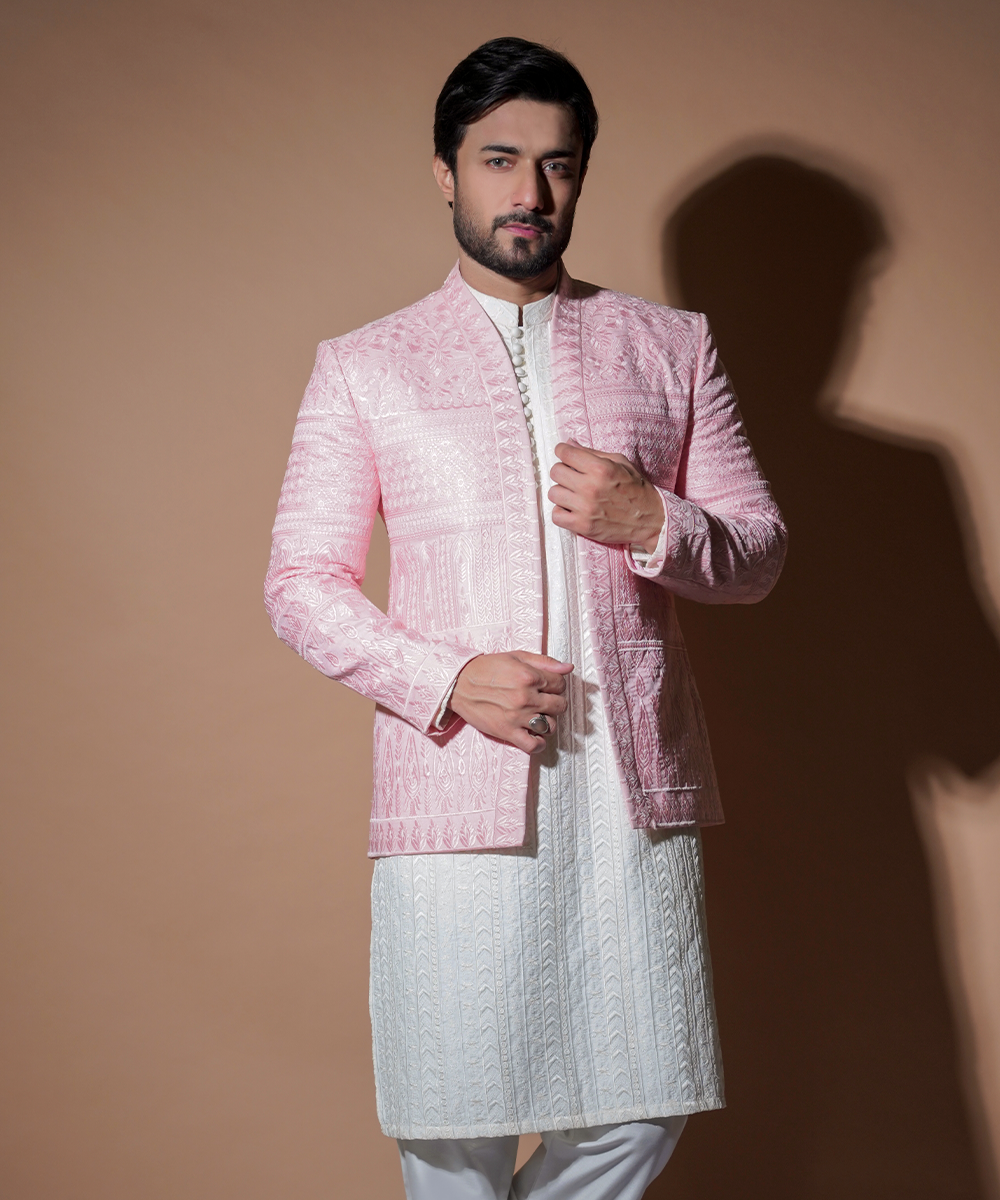 Blush Pink Resham Embroidered Raw Silk Prince Coat (3-Piece) - Image 2