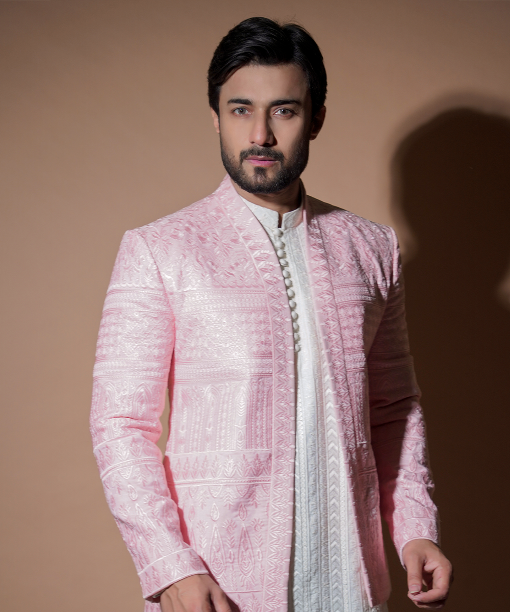 Blush Pink Resham Embroidered Raw Silk Prince Coat (3-Piece) - Image 3