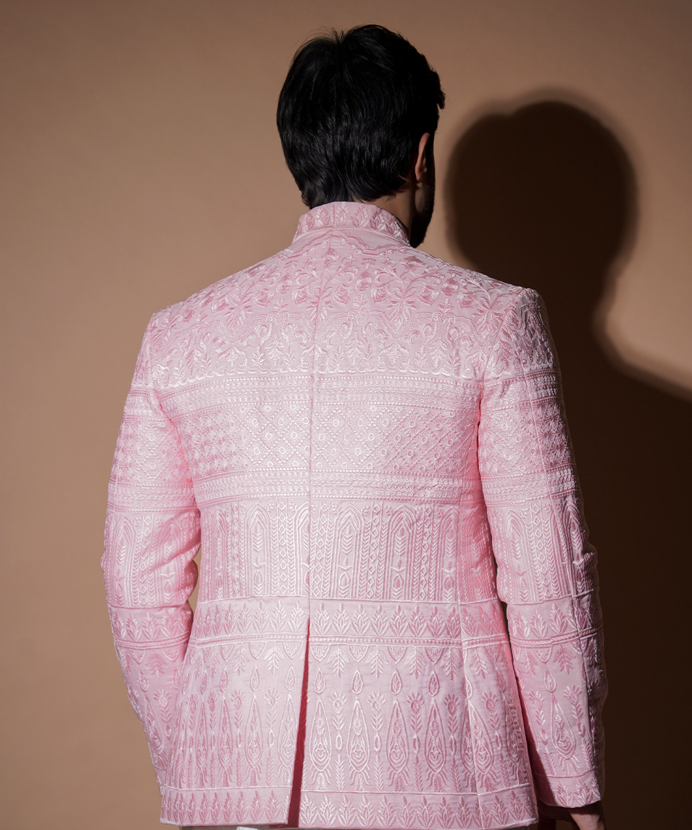 Blush Pink Resham Embroidered Raw Silk Prince Coat (3-Piece) - Image 4