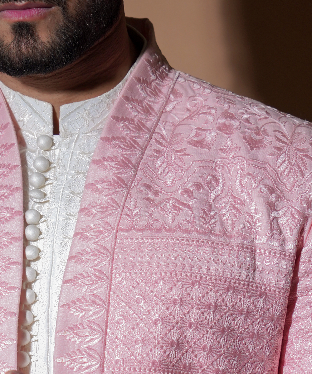 Blush Pink Resham Embroidered Raw Silk Prince Coat (3-Piece) - Image 5
