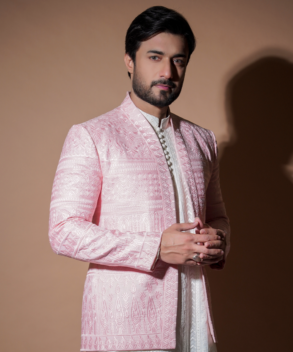 Blush Pink Resham Embroidered Raw Silk Prince Coat (3-Piece) - Image 6